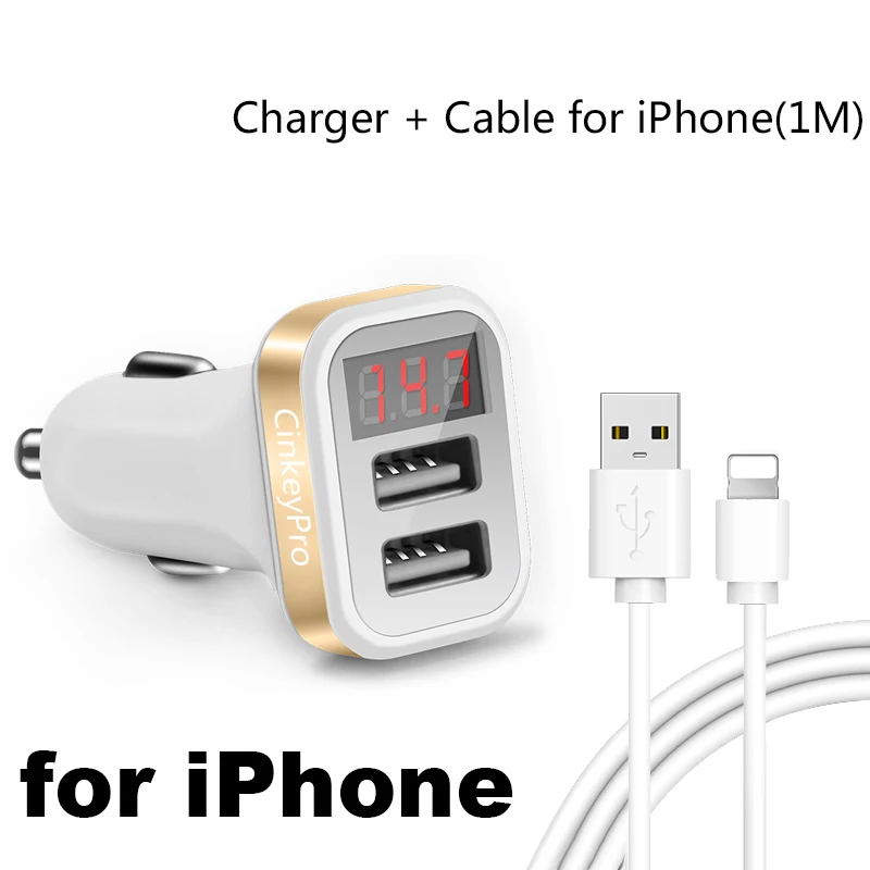 Lightning Gold CinkeyPro светодиодный Экран 2-Порты и разъёмы зарядных порта USB для автомобиля Зарядное устройство для iPhone samsung автомобиля-Зарядное устройство адаптер 5 V/2.1A мобильного телефона адаптер для зарядки - Тип штекера: Lightning Gold