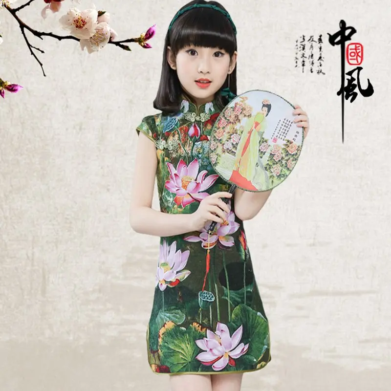 Для девочек Детская Cheongsam Китайский Ципао бальное платье Костюмы лето