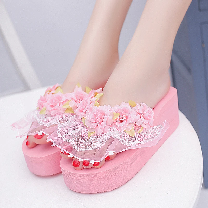 2018 г. Летняя обувь женские шлепанцы кружевные Вьетнамки с цветами пляжная на