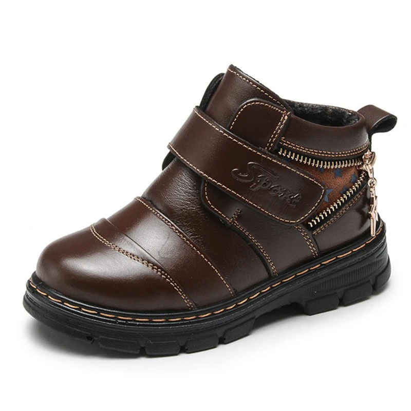 Детские кожаные ботинки на липучке удобная обувь толстой плоской подошве с