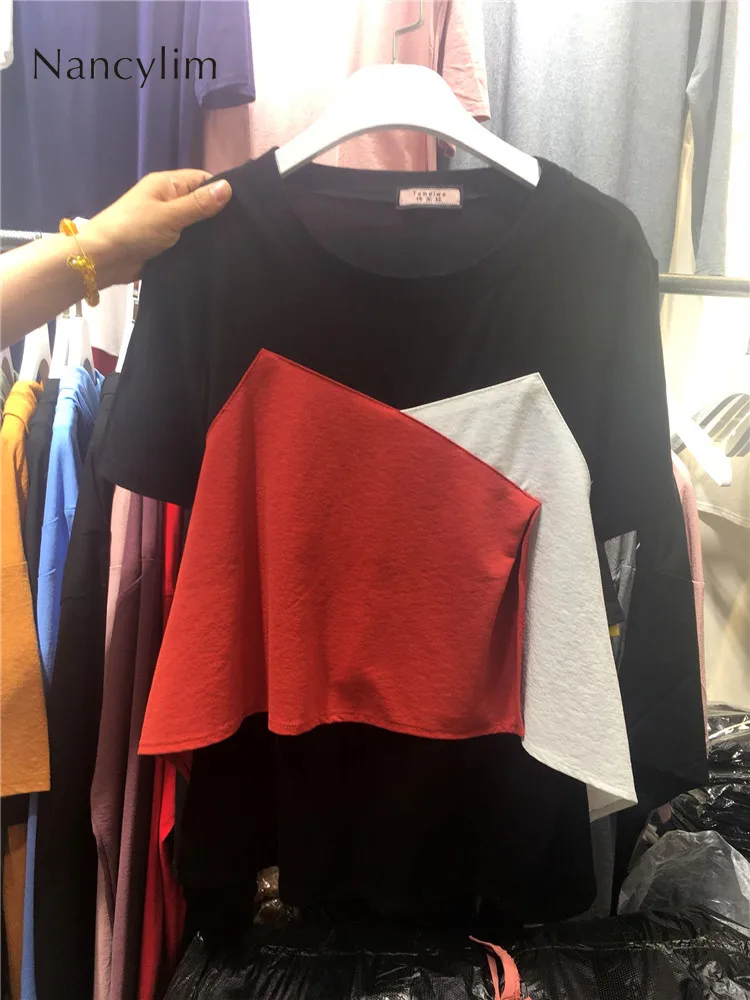 

Tshirt Women 2019 Summer New Korean Version Irregular Splicing Fake Twopiece Short-sleeved T-shirts Girls Lady Loose Leisure Tee