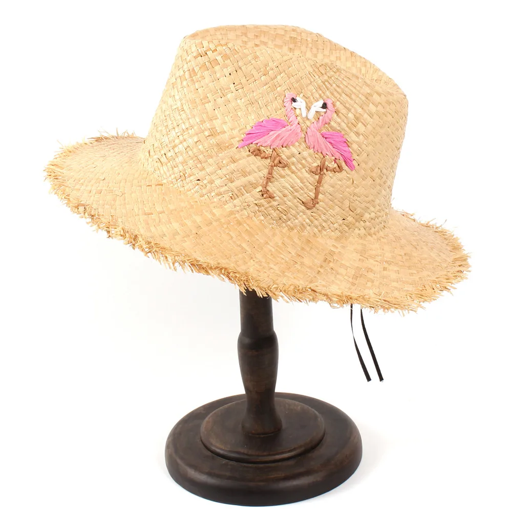 100% рафия соломы Летние для женщин Floppy широкими полями пляж Защита от Солнца шляпа