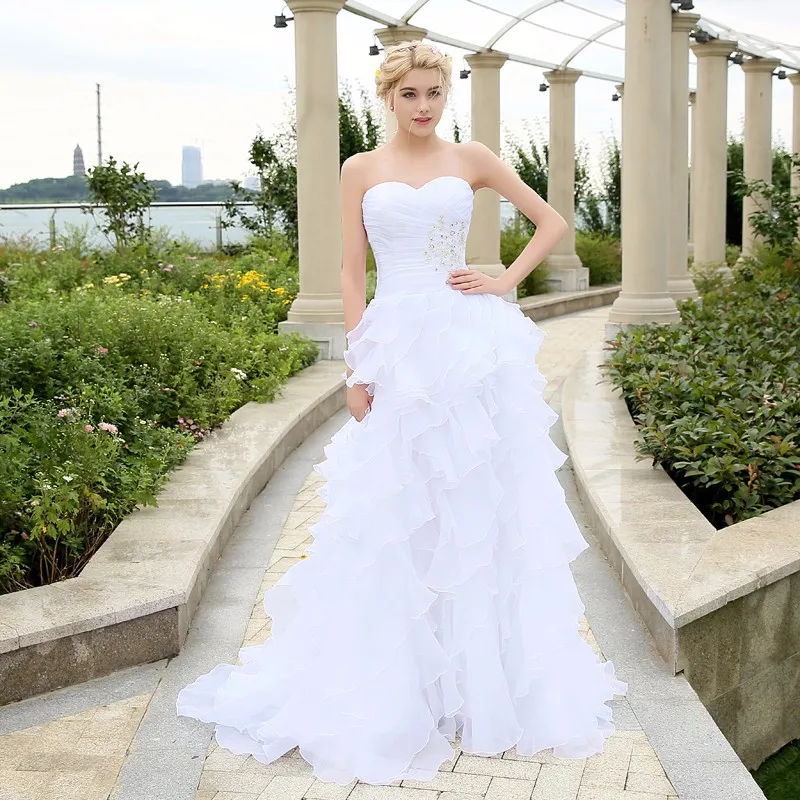 Custom Made Милая Свадебные Платья Белый Халат де Mariée Органзы Бисером Трепал Дешевые |