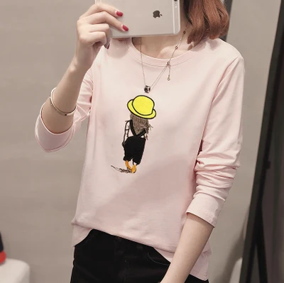 С длинным рукавом корейский стиль свободная одежда принт Kawaii футболка Femme 2019