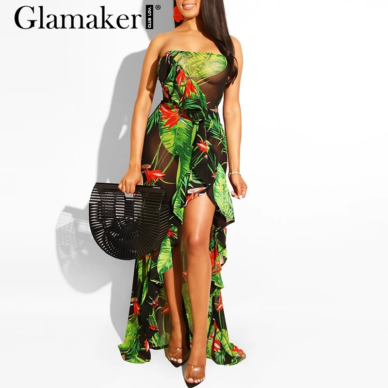 Женское длинное платье с цветочным принтом Glamaker высоким разрезом и оборками в