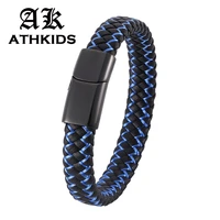 fashion male jewelry black blue braided leather bracelet handmade bracelet stainless steel magnetic clasps men wrist band sp002