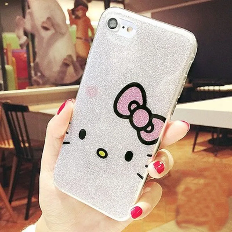 Draw Original Cute Hello Kitty Bling Glitter edge Soft Phone Case for iPhone 7 6s Plus Shine Back Cover iphone 8 X | Мобильные