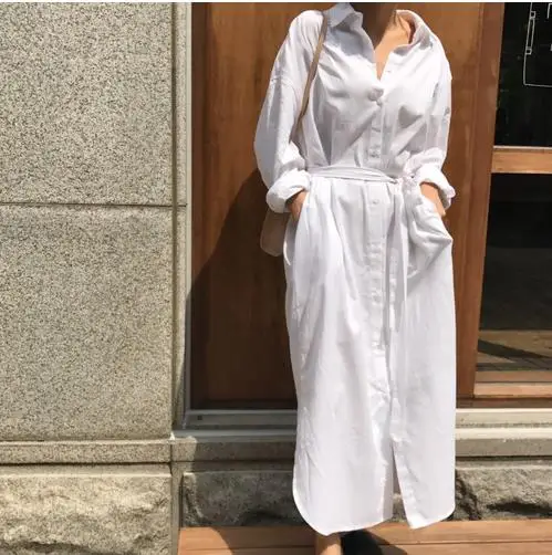 Новинка 2019 года сезон лето модное белое платье с отложным воротником и длинными