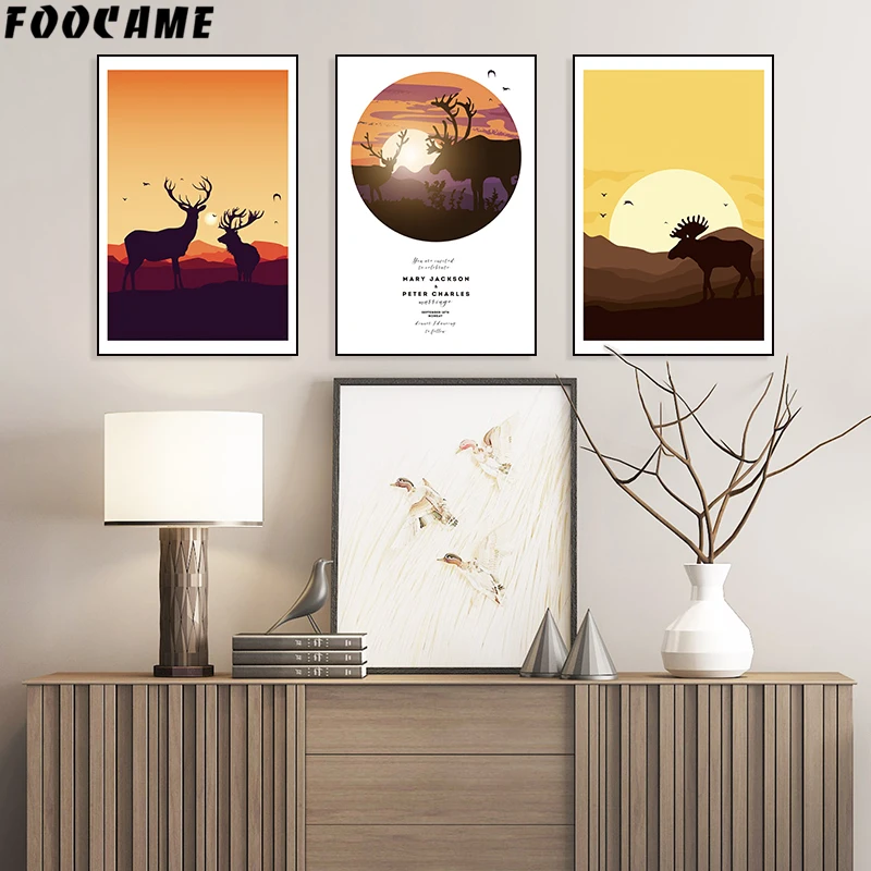 Фон с изображением оленя Луны солнца абстрактный скандинавский плакат винтажный