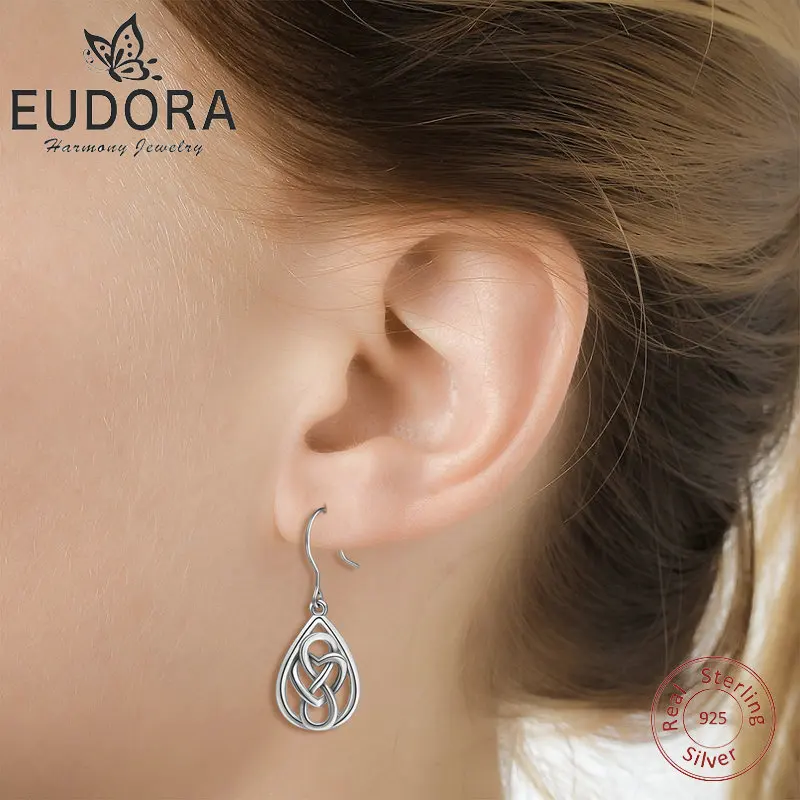 

EUDORA Sterling Silver Good Luck Celtics Love Knot Drop Earrings Water Drop Dangler Heart Earring Women Fine 925 Jewelry Gift