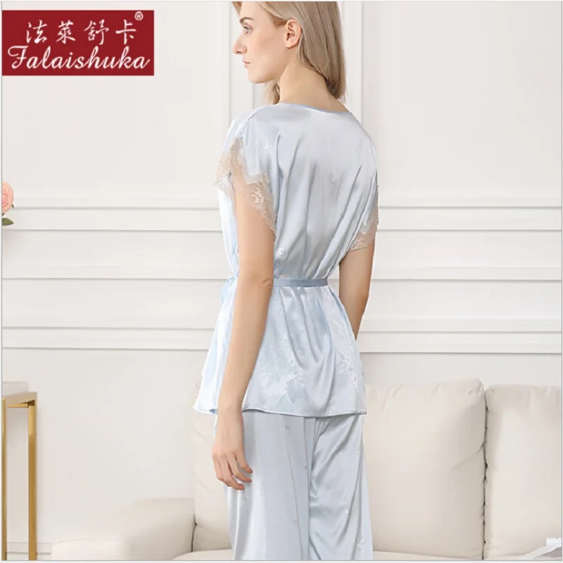 Silk Pajamas Summer sleepwear 2019 Pijamas women pajama set night suit nightwear silk stain pink blue short sleeve sleepwear set