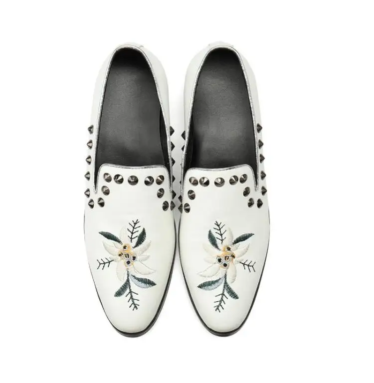 2018 New Genuine Leather Men Oxford Shoes rivets studded embroidery Casual Business shoes white Slip-on party office | Обувь
