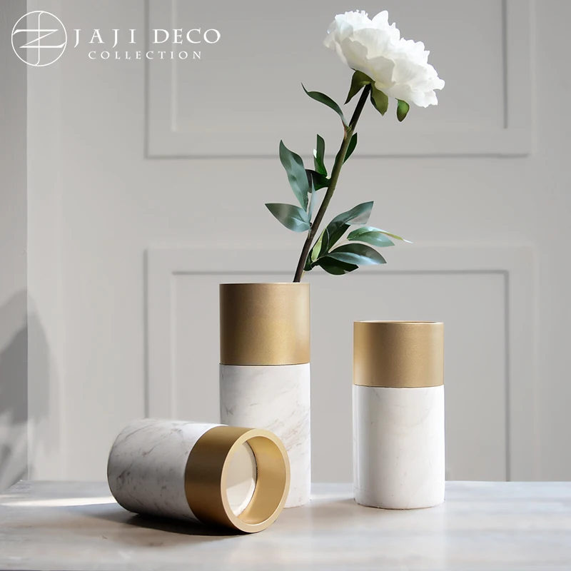 100% мраморная ваза кастрюли из натурального камня для цветов золотистого металла