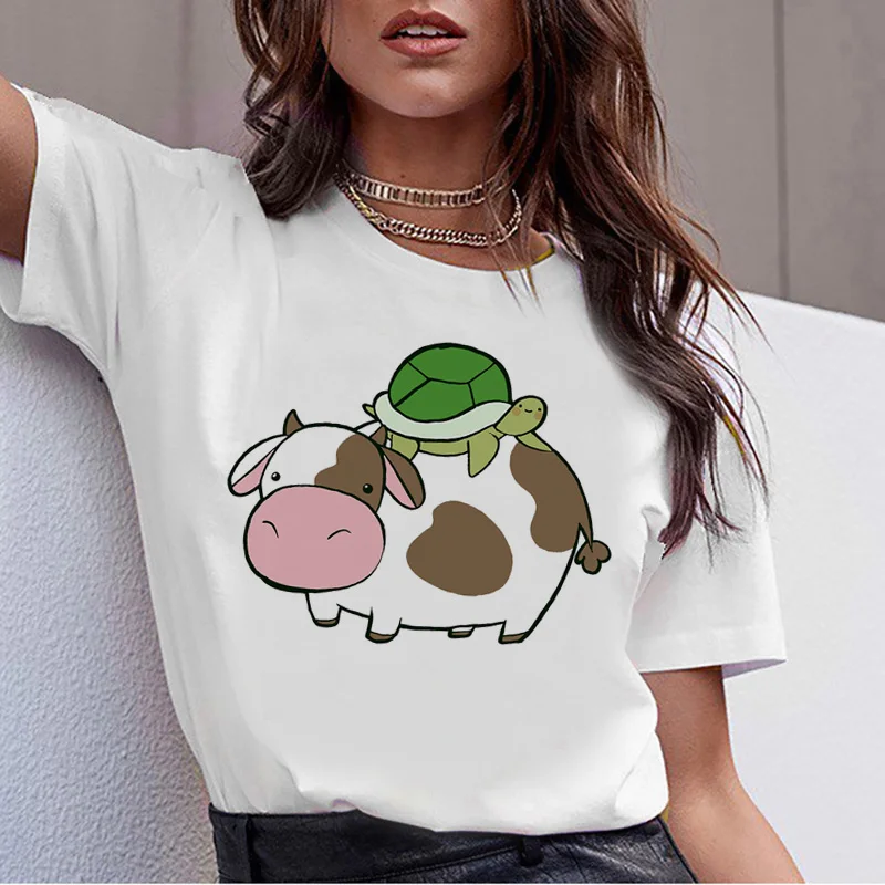 Женская футболка с принтом коровы harajuku, Корейская футболка ulzzang 90s kawaii, женская футболка, топ с рисунком