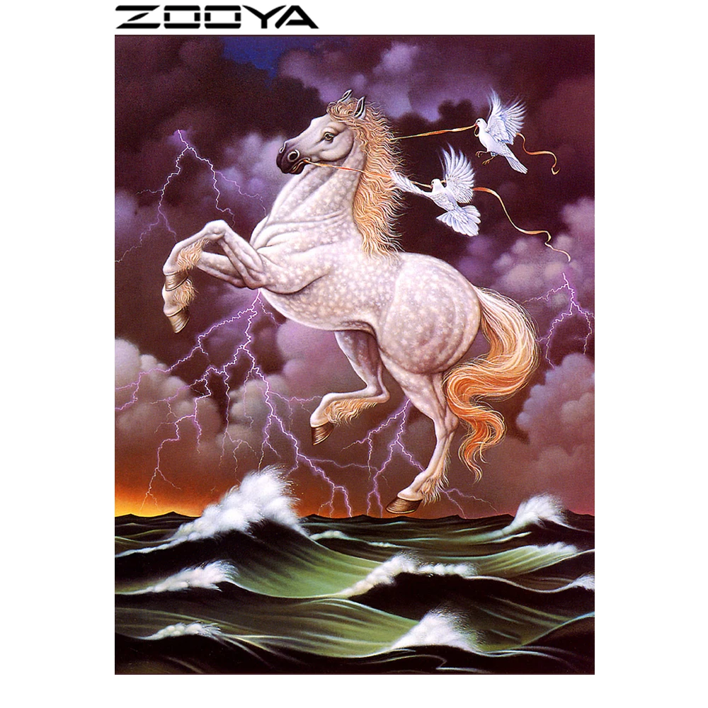 

ZOOYA Diamond Embroidery Rhinestones Embroidery Diamond Cross Stitch Animal White Horse Flying At Sea Picture By Rhinestone R468