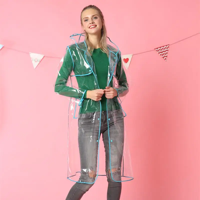 BLUE HEM LONG FreeSmily Модный женский прозрачный плащ из ЭВА, водонепроницаемый дождевик для путешествий - Цвет: BLUE HEM LONG