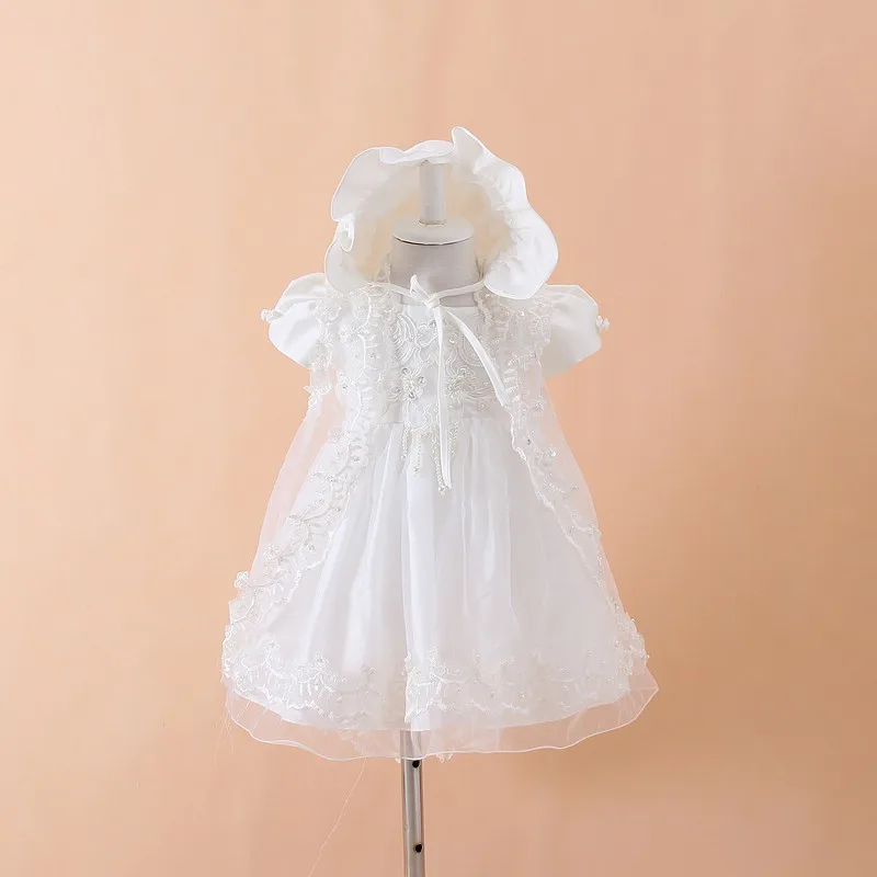 Платье на крестины для маленьких девочек платье + шляпа шаль Vestidos Infantis кружевное