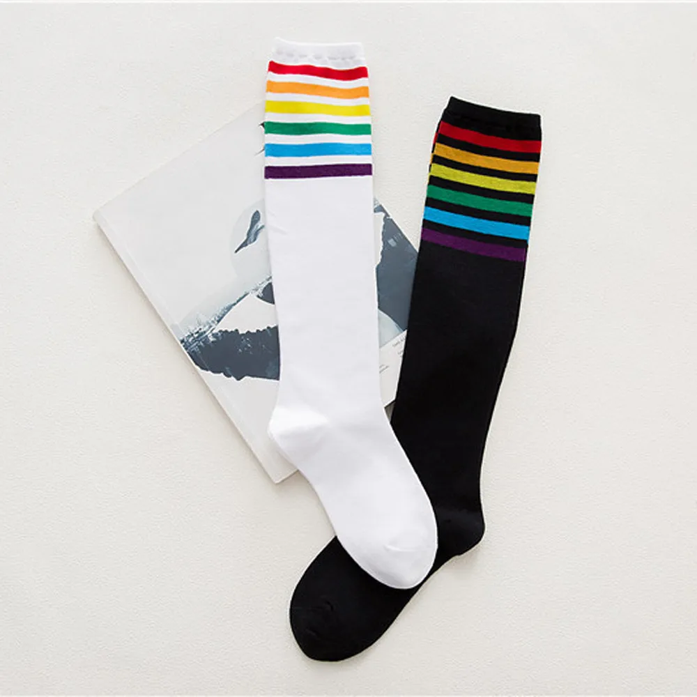 Fashion 1Pair thigh high socks over the knee rainbow stripes black white cotton tube women's pile 05* | Женская одежда