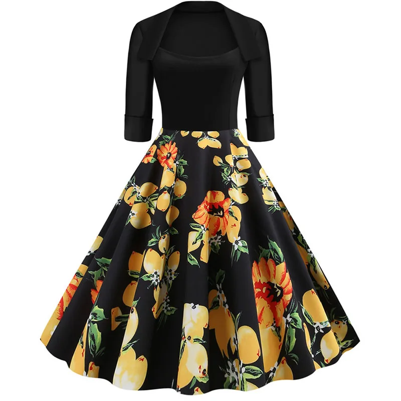 

Autumn Winter Women Dress Vintage Floral Print Office Party Dress Casual Half Sleeve Turn-down Collar Elegant Dresses Plus Size