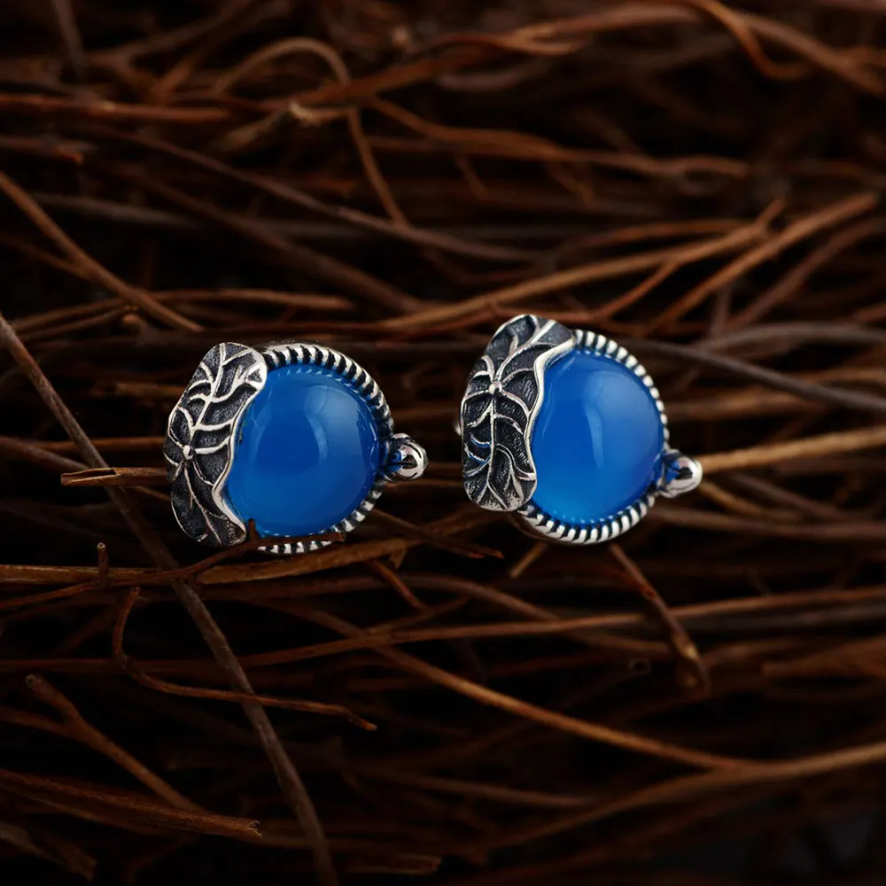 Женские серьги гвоздики из серебра 925 пробы с голубым халцедоном|silver stud earrings|925