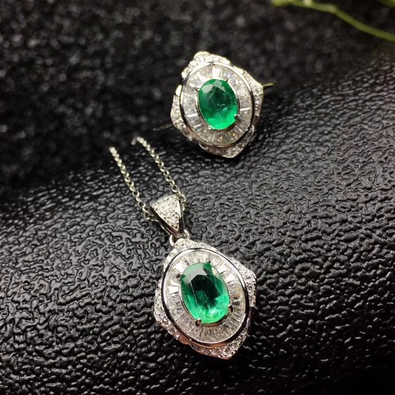 

Vintage emerald jewelry set 3mm Princess Cut natural emerald ring earrings necklace pendant solid silver emerald jewelry set