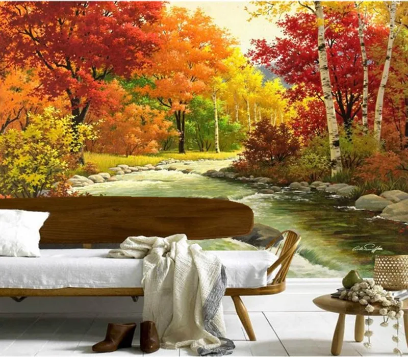 

Настенная 3D-картина на заказ, картины Красного кленового леса и реки, обои для спальни, гостиницы, ресторана, гостиной, дивана, телевизора