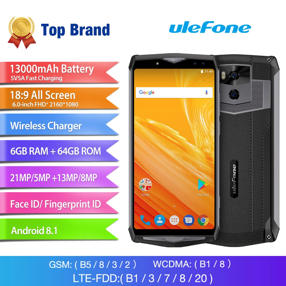 Ulefone мощность 5 6 ГБ 64 мобильный телефон 18:9 "6 0 FHD MTK6763 Octa Core 21MP Cam Android 8 1 мА ч