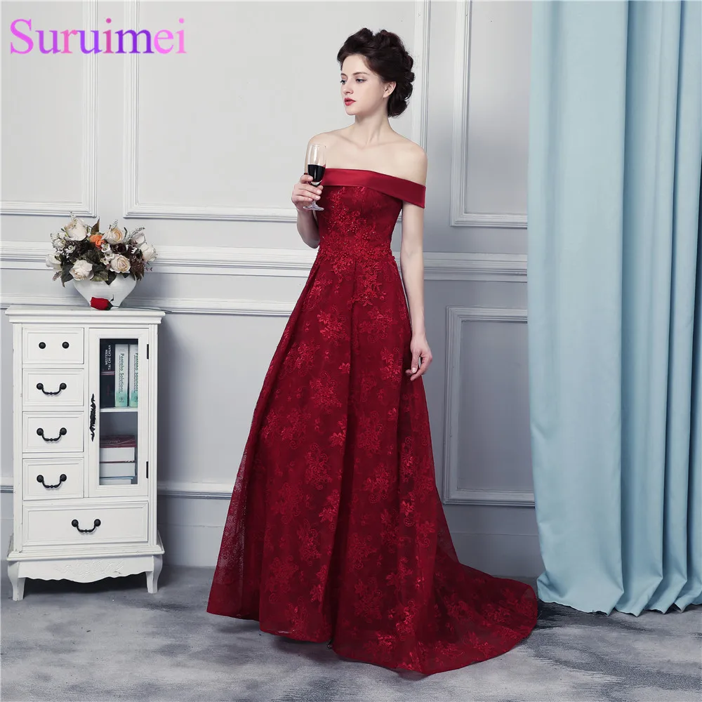 Красное вино кружевное вечернее платье с открытыми плечами высокое качество