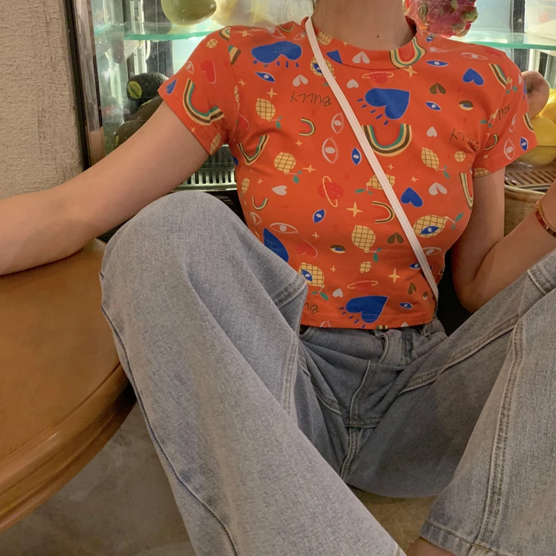 Новинка футболка с цветочным радужным принтом Женская милая кроп-Футболка Harajuku