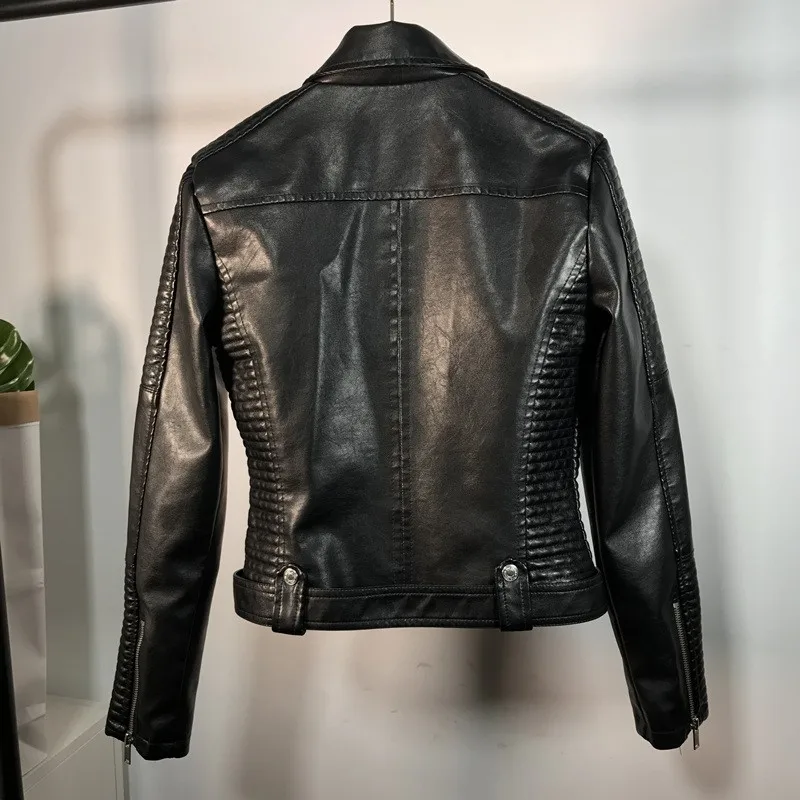 Женская байкерская куртка из ПУ кожи с длинным рукавом и отложным воротником на