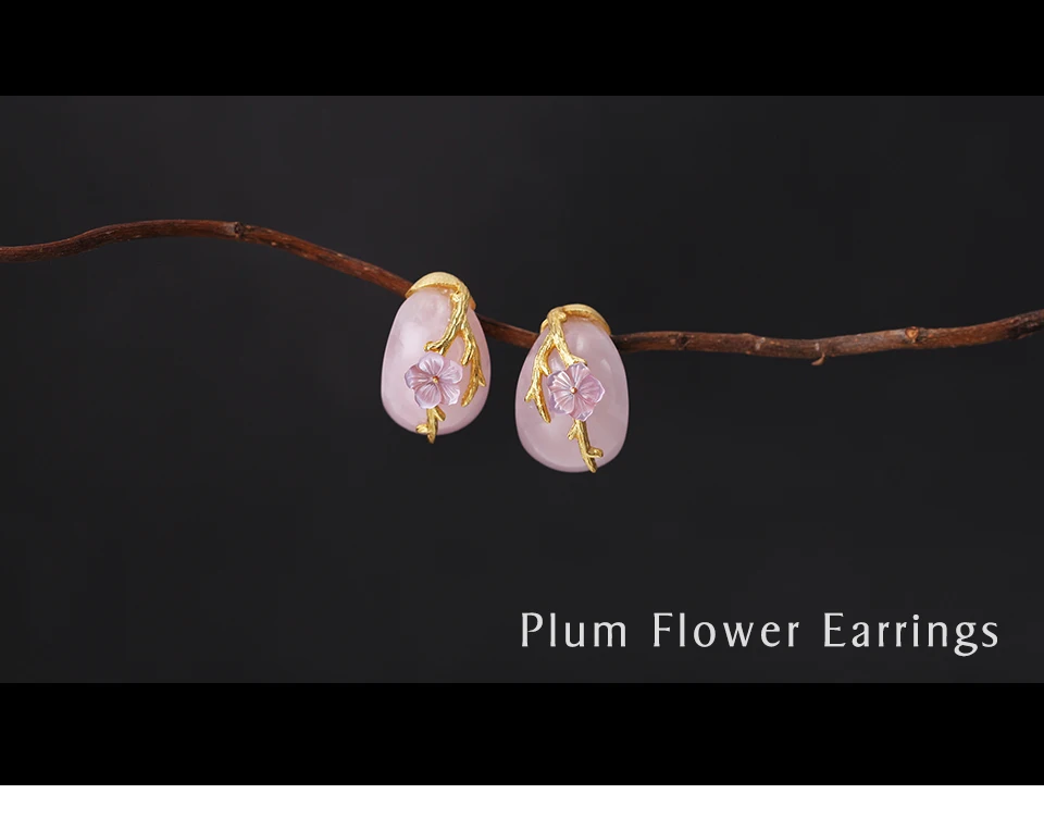 Lotus Fun Moment, настоящее 925 пробы, серебро, натуральный розовый кристалл, ручная работа, модные ювелирные изделия, цветок сливы, серьги-гвоздики для женщин