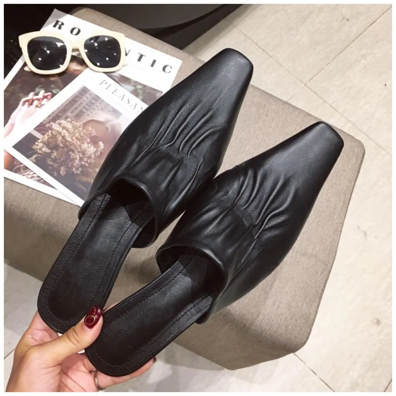 Черный Bailehou/Новинка года; шлепанцы на плоской подошве; женские элегантные тапочки на среднем каблуке; Вьетнамки без застежки; женские уличные сандалии; Mujer - Цвет: Черный