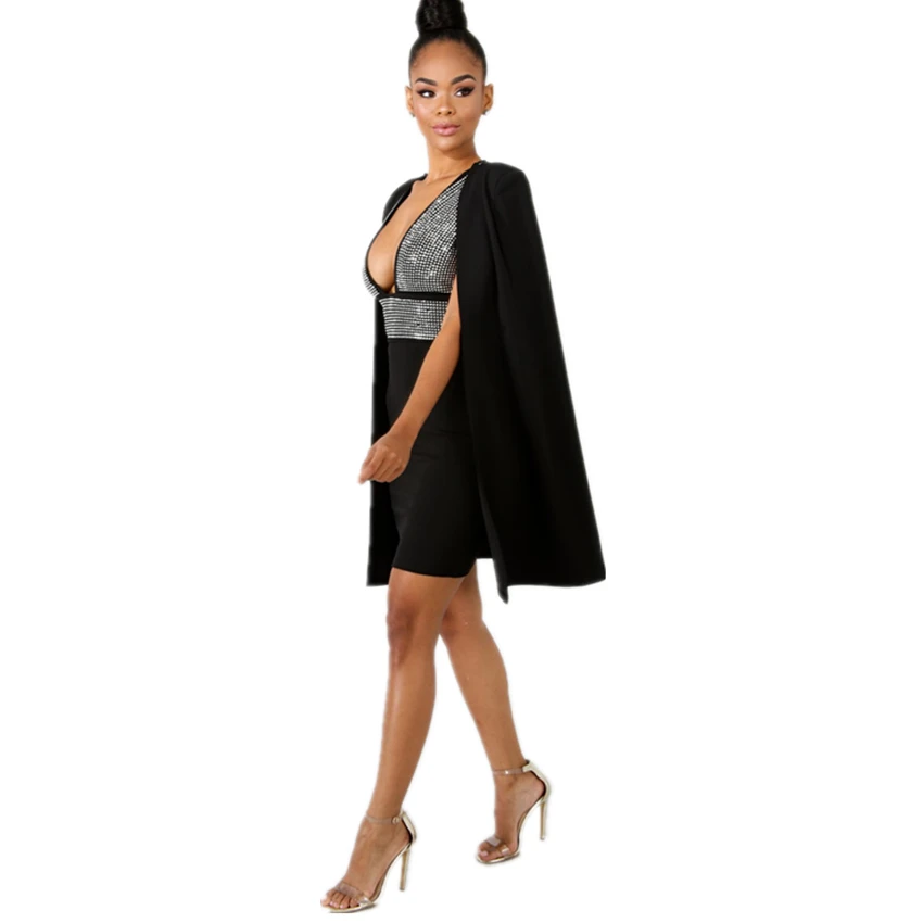 Wjustforu Temperament Women Elegant Tracksuit Fashion Bodycon Dress And Tops Cloak V Neck Sexy Bandage Two Piece Set Female | Женская
