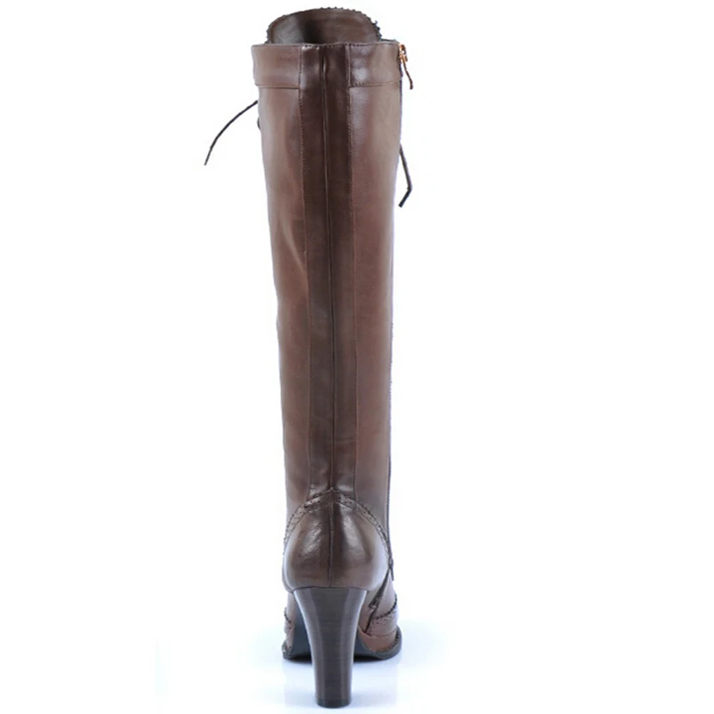 2018 New Winter Women Genuine Leather Thick High Heel Lace-up Round Toe Knee Boots Plus Size 43 44 45 Big | Обувь