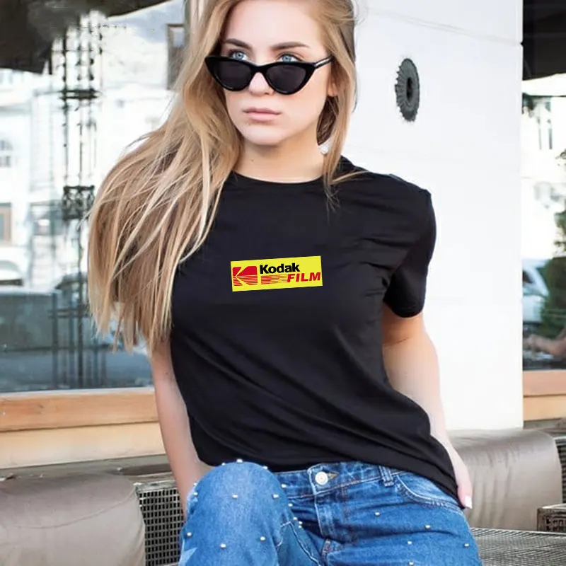 Модная футболка Kodak хлопковые женские летние топы белая черная желтая рубашка