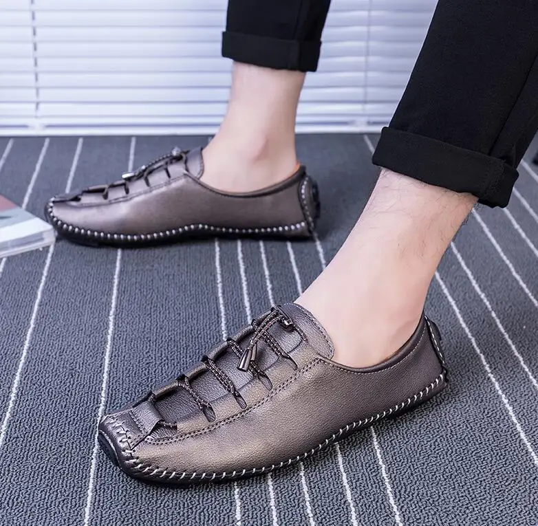 

Men's Casual Loafer Slip-on Black Gray Male Walking Flats Loafer Spring Summer Drawstring Genuine Leather Soft Moccasin Gommino