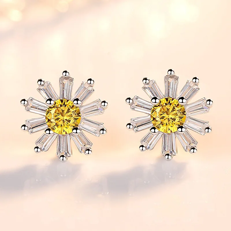 OMHXZJ Wholesale Personality Fashion Sweet Woman Girl Gift White &amp Yellow Sakura Daisy 925 Sterling Silver Stud Earrings YS468 |