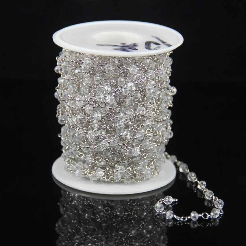 Tiny Rosenkranz Stil Perlen Ketten, Klar, Weiß Glas Facettierte Rondelle Perlen Kette Groß, überzogene Silber Draht Eingewickelt Link Halskette