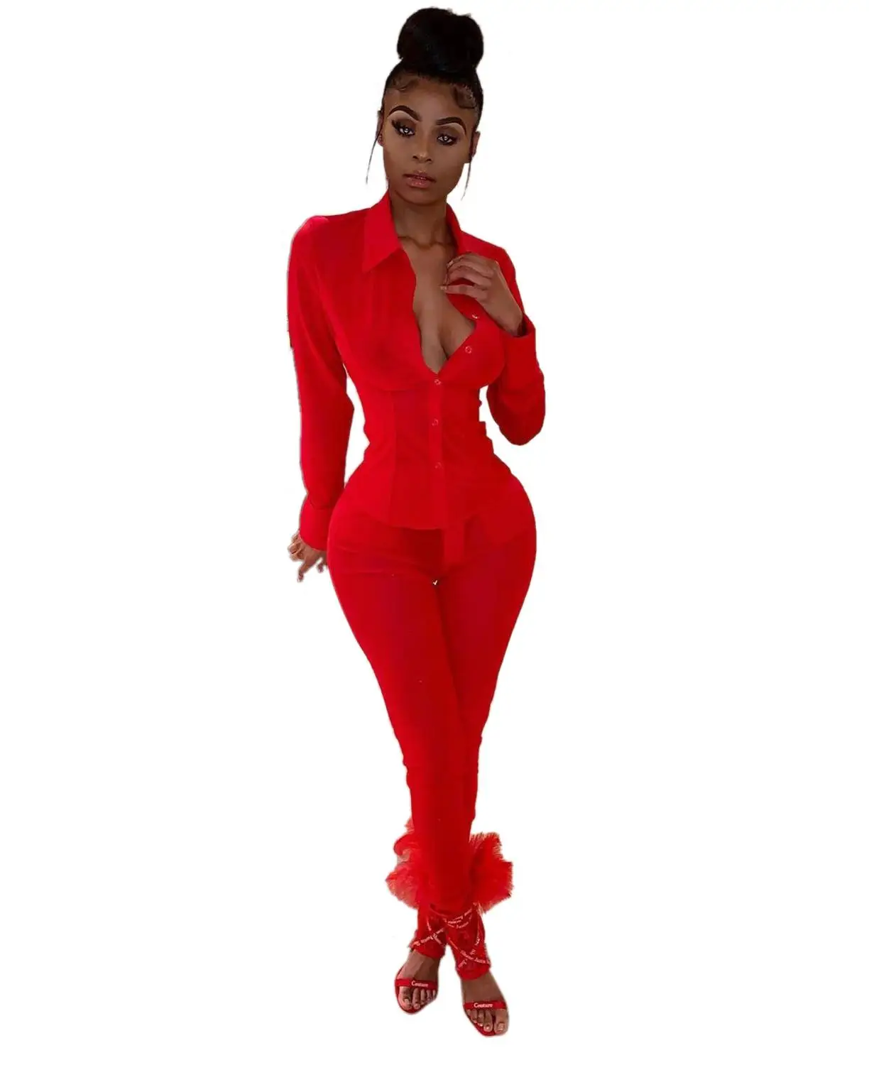 red set Adogirl женский сексуальный комплект из двух предметов с прозрачной сеткой, рубашки с длинными рукавами, топ+ брюки-карандаш, модная блузка, костюм, вечерние костюмы для ночного клуба - Цвет: red set