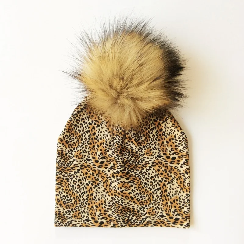 leopard Шапка детская искусственные енот фур шапка для мальчика искусственные енот волосы шапки для девочек зимой шапки детские детские шапки с мячом - Цвет: leopard