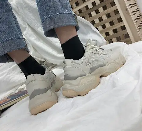 Бежевый LMCAVASUN/кроссовки на массивном каблуке; коллекция года; женские кроссовки на платформе; удобные дышащие кроссовки из искусственной кожи на плоской подошве; женские кроссовки на платформе - Цвет: Бежевый