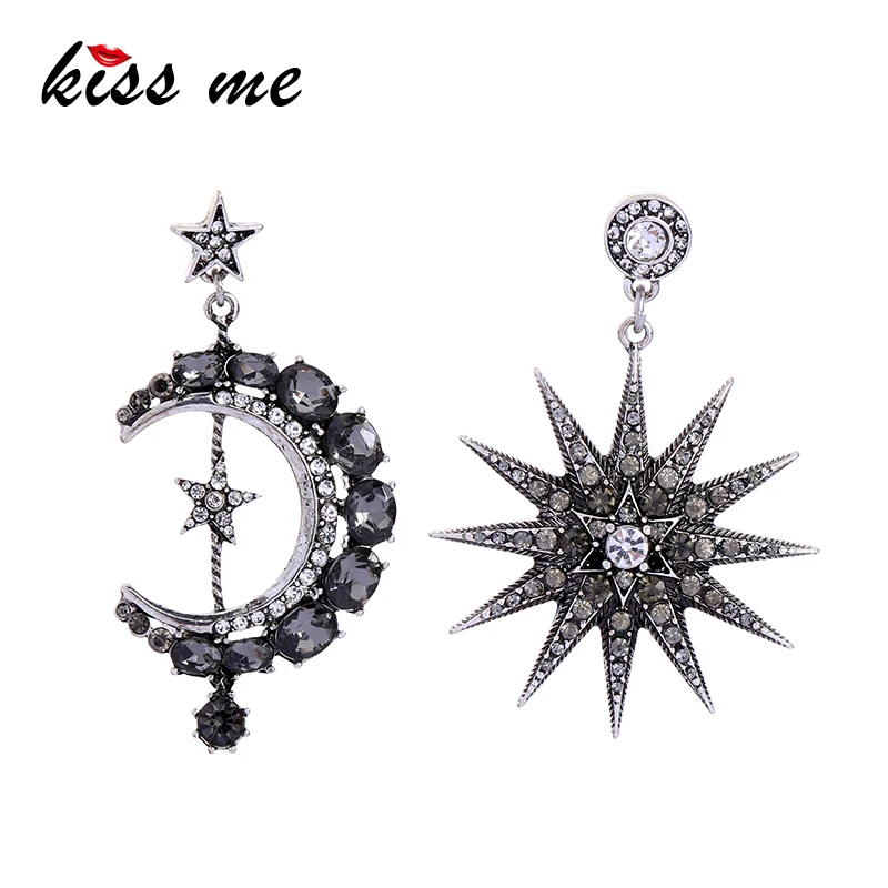 KISS ME Asymmetric Crystal Star Moon Earrings Korean Fashion Women Statement Vintage Antique Luxury Jewelry|Серьги-подвески| |