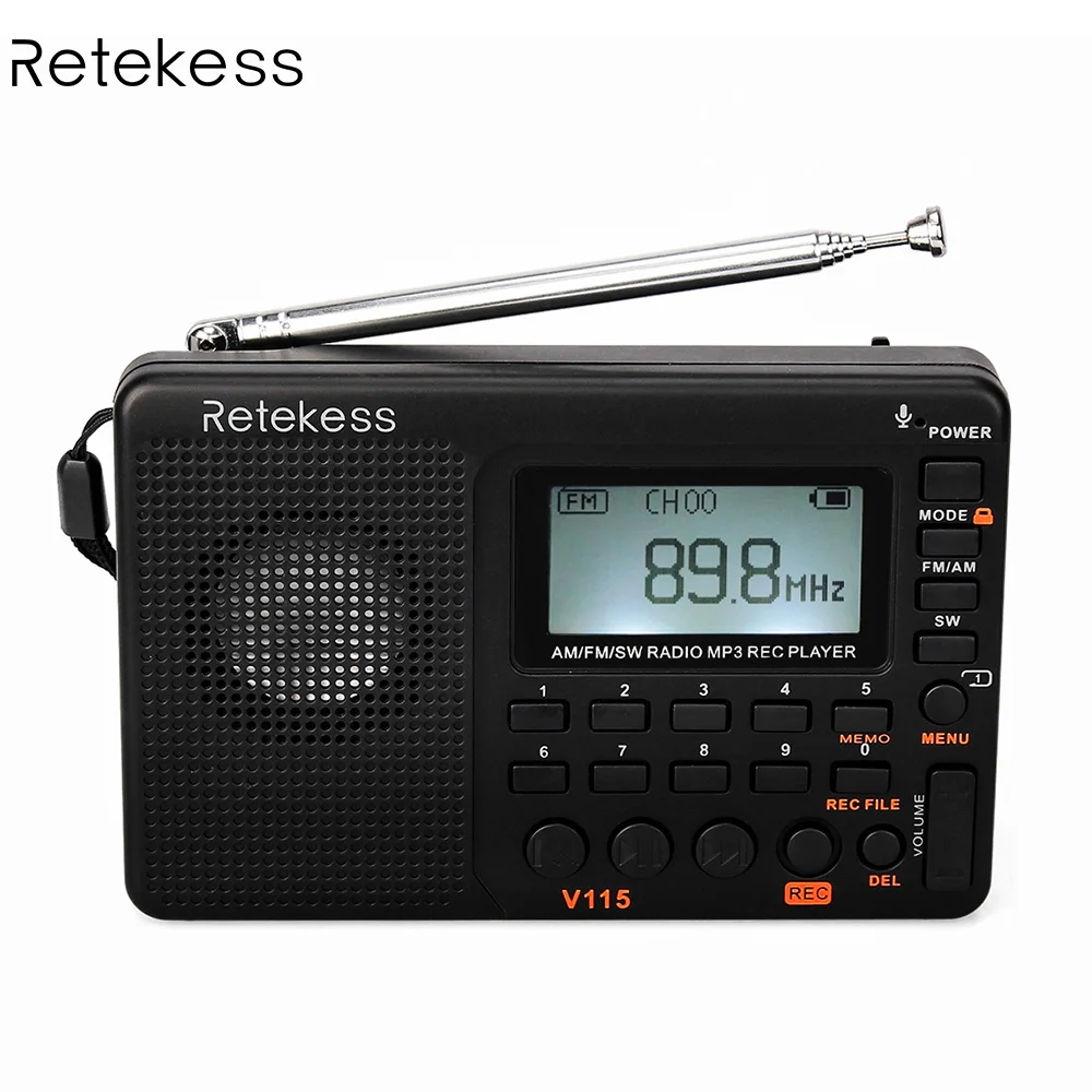 Retekess V-115 FM/AM/SW радио многополосный радиоприемник REC рекордер мини радио Бас Звук MP3-Плеер колонки с таймером сна