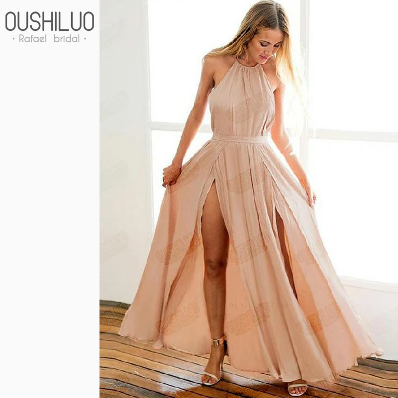 

Colorful Champagne Elastic Satin A Line Backless Prom Dresses Gown Halter Neck Front Split Long Evening Party Dress Customized