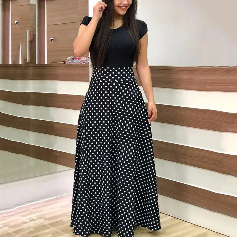 Женское длинное платье с коротким рукавом и круглым воротником летние пляжные