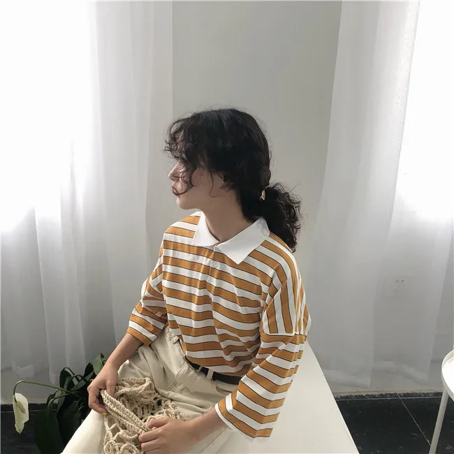 Ulzzang, летняя, с коротким рукавом, с отложным воротником, женская, большой размер, в полоску, свободная, новая, Harajuku, половина, винтажная, хлопковая футболка, топы
