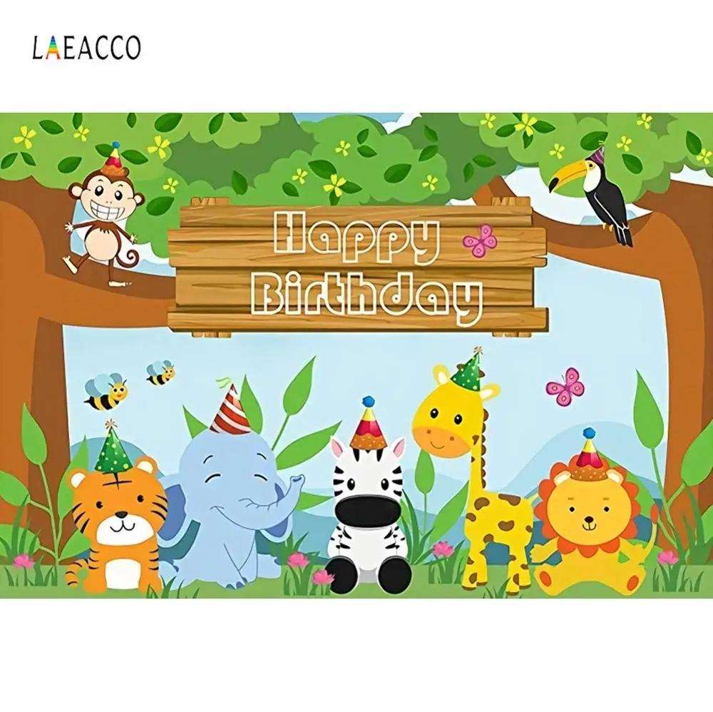 Laeacco Детский мультфильм зеленый джунглей сафари день рождения постер баннер Фото