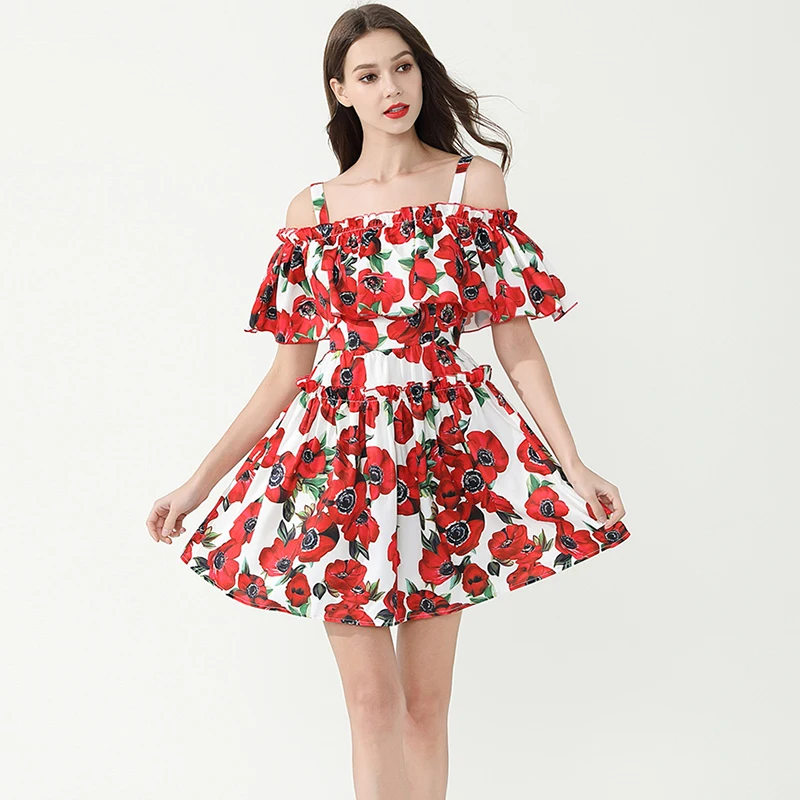Женское мини-платье с открытыми плечами модельное платье цветочным принтом и