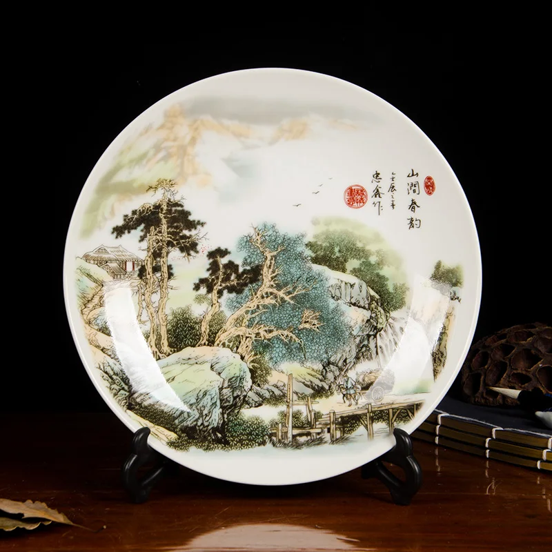 Jingdezhen Ceramic Porcelain Crafts Landscape Pattern Dinner Plates Desktop Ornaments Display Round Dish Office Home Decoration | Дом и сад