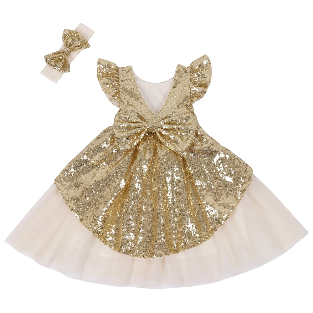 Girls Sequin Dress Baby Toddlers Tutu Sundress Kids Tulle Bridesmaid Gold White Cute Summer Party Clothes with Headband | Детская одежда